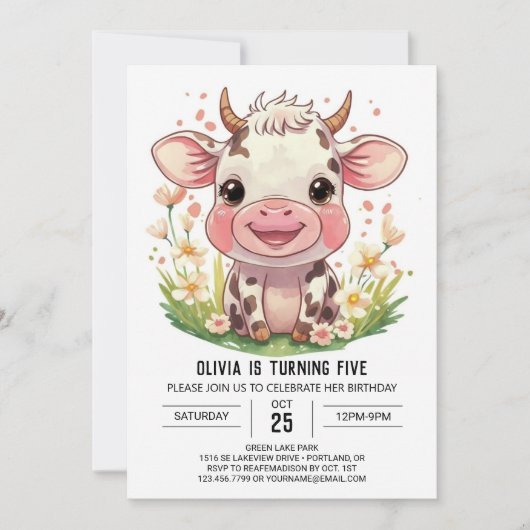 Boho Barnyard Pink Kuh Geburtstag Einladung (Vorderseite)