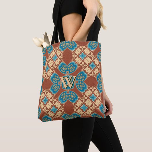 Boho Batik Cool Earth Blue Brown Muster Monogram Tasche (Von Nahem)