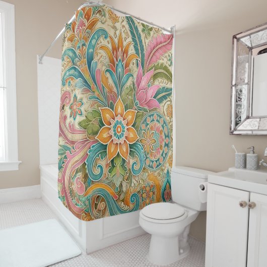 Boho Batik Floral Botanische Wasserfarbe Duschvorhang (Beispiel)