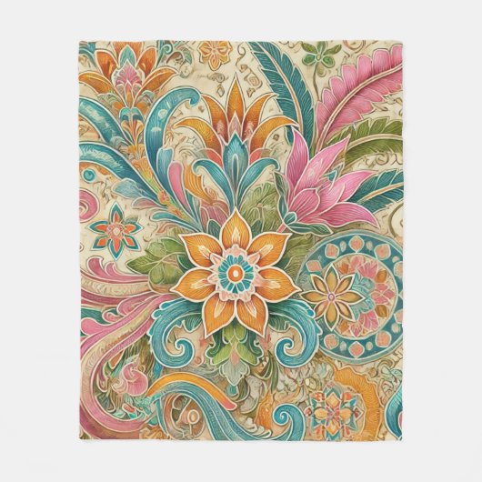 Boho Batik Floral Botanische Wasserfarbe Fleecedecke (Vorderseite)