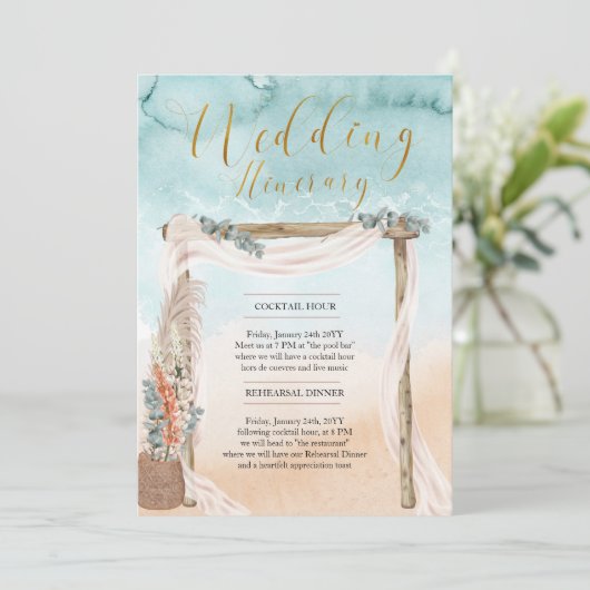 Boho Beach Arbor Ocean Wedding Itinerary Card Einladung (Stehend Vorderseite)