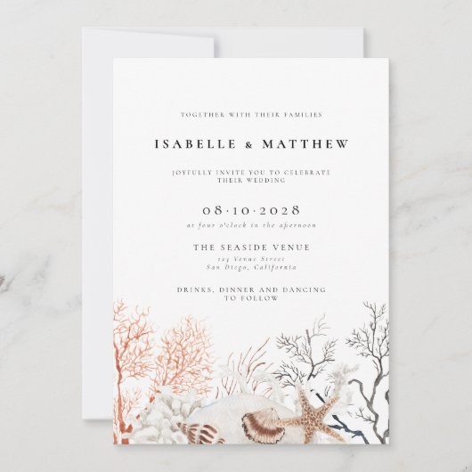 Boho Beach Coral Reef Wedding Einladung (Vorderseite)