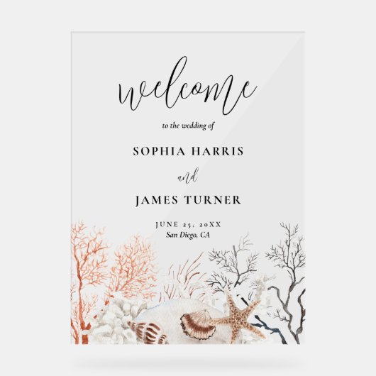 Boho Beach Coral Reef Wedding Willkommen Acrylschild (Vorderseite)