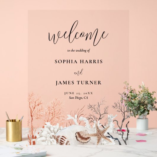 Boho Beach Coral Reef Wedding Willkommen Acrylschild (Hochzeit)
