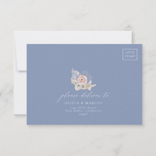 Boho Beach Elegante Romantic Blue Wedding RSVP Car Karte (Rückseite)