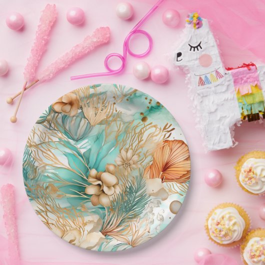 Boho Beach Floral Blue Peach Wedding Pappteller (Party)