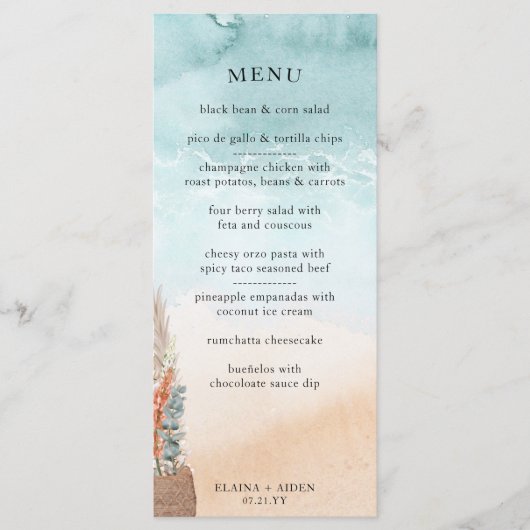 Boho Beach Hochzeit in Urlaubsort Ocean Shoreline Menükarte (Vorderseite)