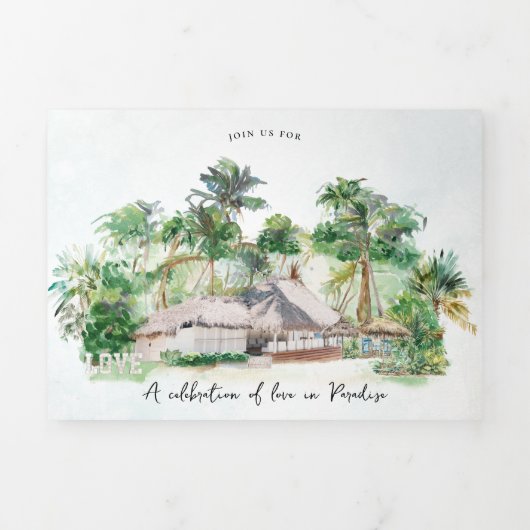 Boho Beach | Illustrierte Hochzeit Dreifach Gefaltete Einladung (Cover)