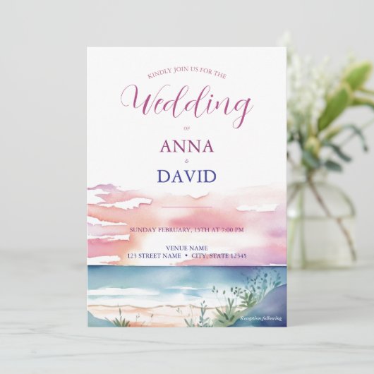 Boho Beach Sunrise Wasserfarbe Hochzeit in Urlaubs Einladung (Stehend Vorderseite)