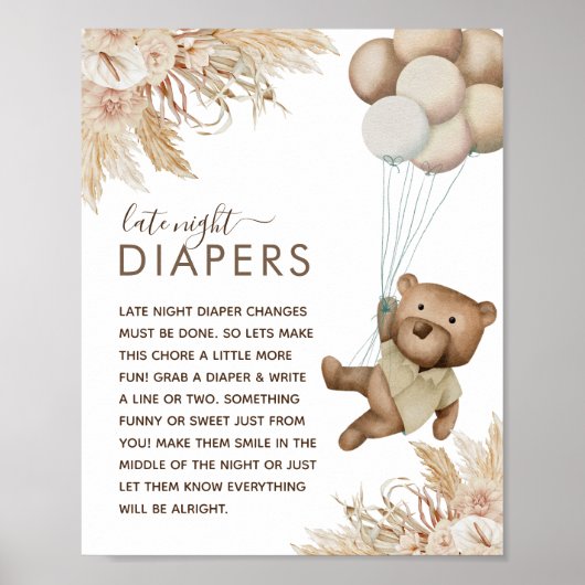 Boho Bear Baby Dusche 'Late Night Diaper' Poster (Vorne)