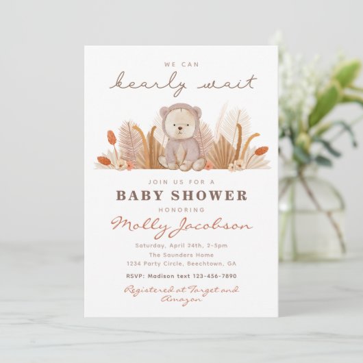 Boho Bear Baby Shower Einladung | Bärendusche (Stehend Vorderseite)