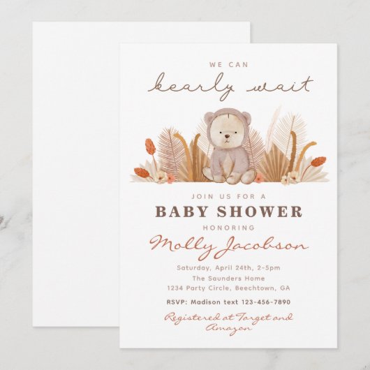 Boho Bear Baby Shower Einladung | Bärendusche (Vorne/Hinten)