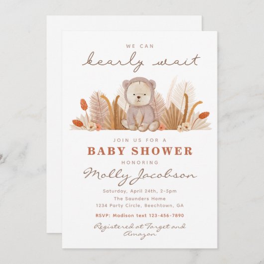 Boho Bear Baby Shower Einladung | Bärendusche (Vorne/Hinten)