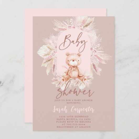 Boho Bear Baby Shower Girl Einladung (Vorne/Hinten)