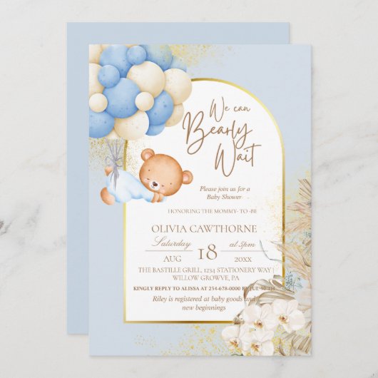 Boho Bear Moderne botanische Babydusche Einladung (Vorne/Hinten)