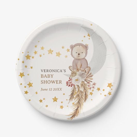 Boho Bear Moon Babydusche Danke Pappteller (Vorderseite)