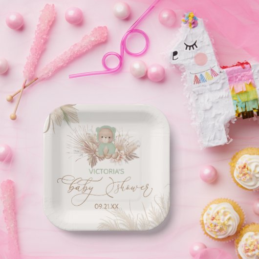 Boho Bear Pampas Baby Dusche Green Pappteller (Party)