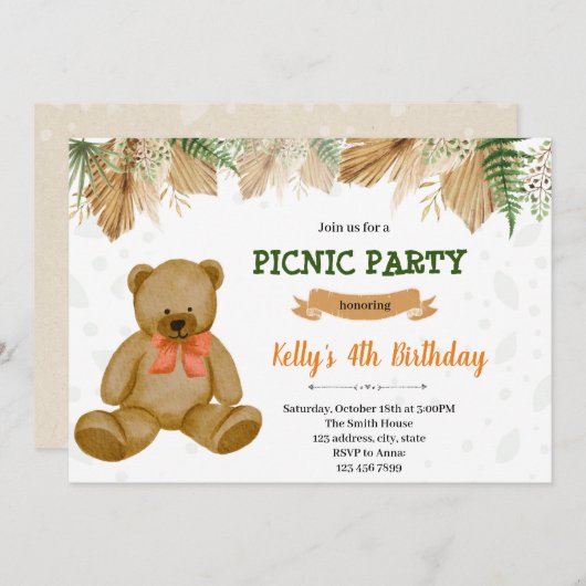 Boho bear picnic Party Einladung (Vorne/Hinten)