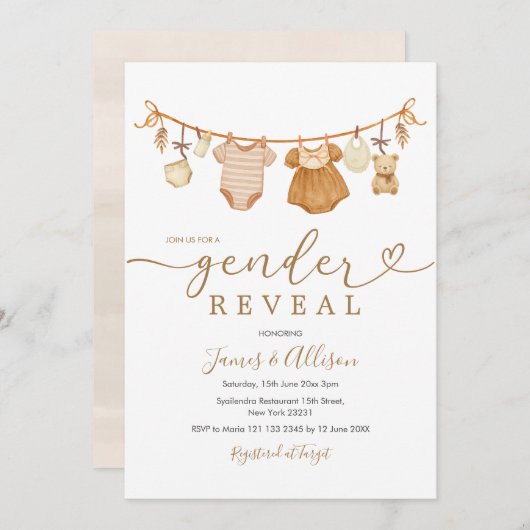 Boho Bear Rustic Baby Clothesline Gender Reveal Einladung (Vorne/Hinten)