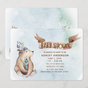 Boho Bear Wasserfarbe Rustikale Tiere Kinderdusche Einladung