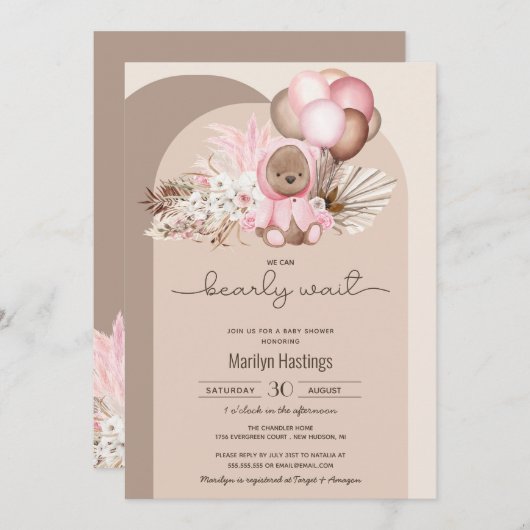 Boho Bear, wir können frühzeitig eine pinkfarbene Einladung (Vorne/Hinten)