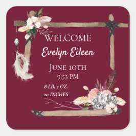 Boho Beautiful Baby Birth Stats Quadratischer Aufkleber