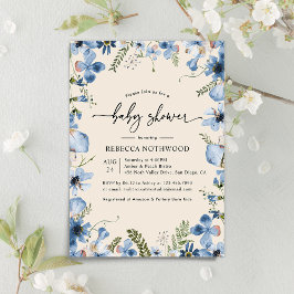 Boho Beige Blue Floral Boy Baby Shower Einladung