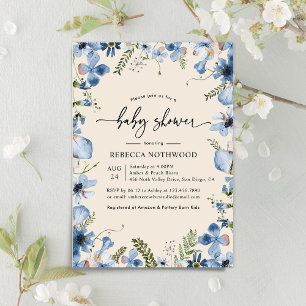 Boho Beige Blue Floral Boy Baby Shower Einladung