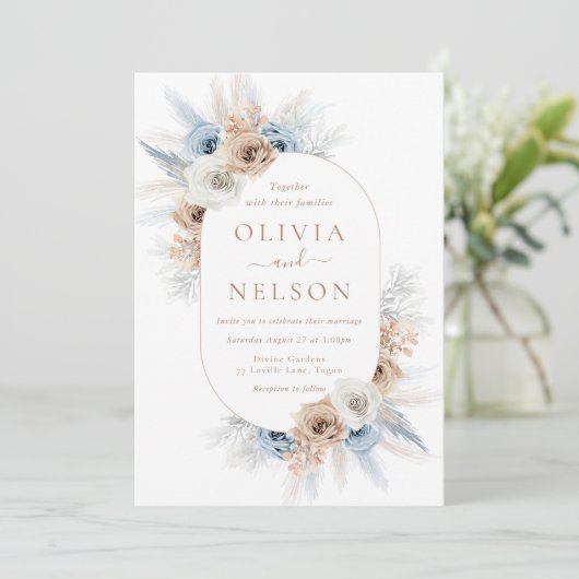 Boho Beige & Blue Floral Frame Wedding Einladung (Stehend Vorderseite)