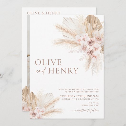 Boho Beige Blume Pampas Wedding Einladung OLIVE (Vorne/Hinten)