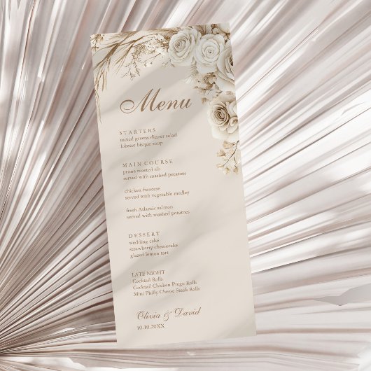 Boho Beige Blume und White Roses Wedding Menükarte