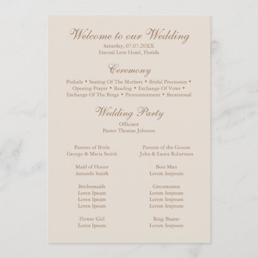 Boho Beige Blume und White Roses Wedding Programm (Rückseite)