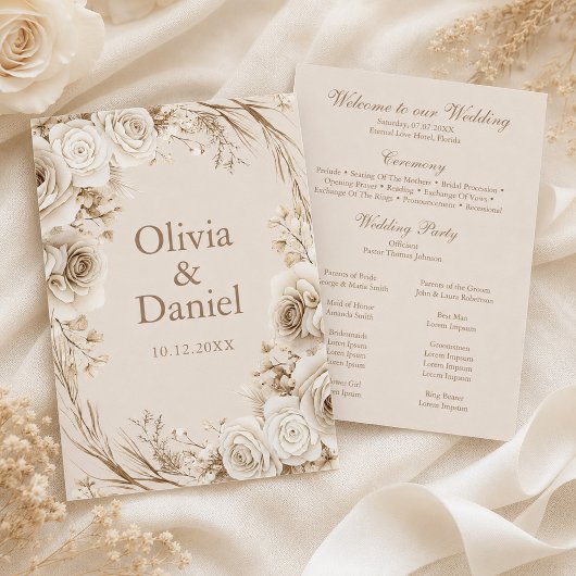 Boho Beige Blume und White Roses Wedding Programm