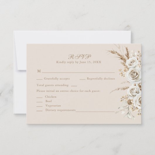Boho Beige Blume und White Roses Wedding RSVP Karte (Vorderseite)