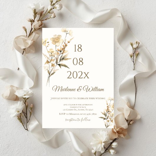 Boho-beige Blumenelemente Hochzeit Einladung