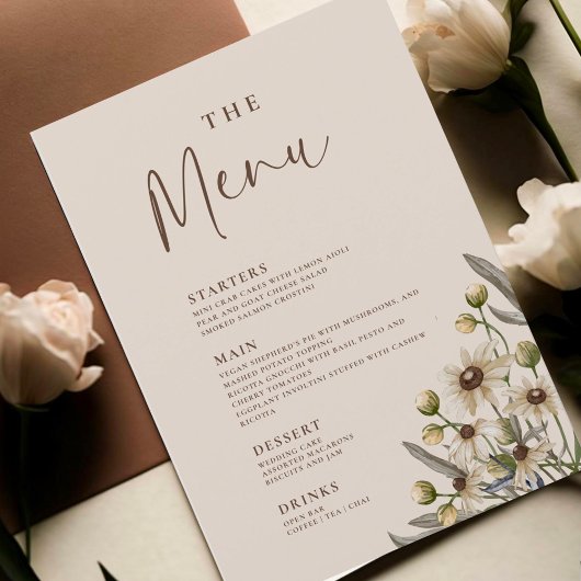 Boho Beige Botanical Wedding Menu Menükarte