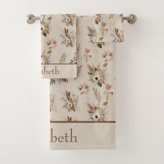 Boho Beige Brown Botanisches Gras Floral Badhandtuch Set (Insitu)