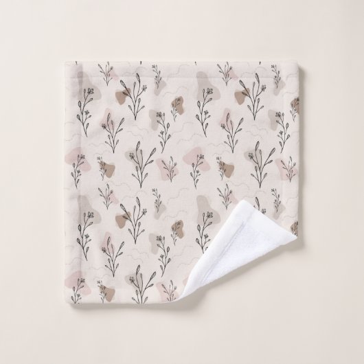 Boho Beige Cream Brown Pink Blätter Abstrakte Form Badhandtuch Set (Waschlappen)