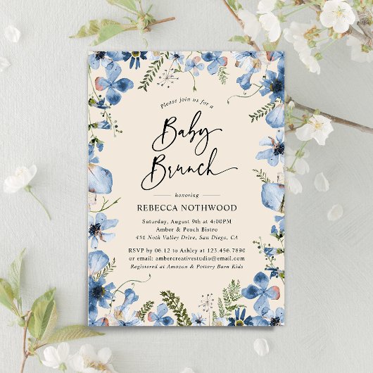 Boho Beige Dusty Blue Floral Baby Duschbrunch Einladung