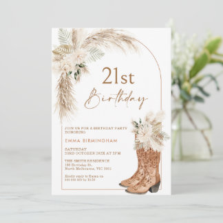 Boho Beige Floral Boots 21. Geburtstag Einladung