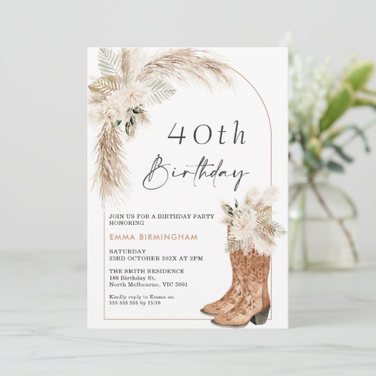 Boho Beige Floral Boots 40. Geburtstag Einladung (Stehend Vorderseite)