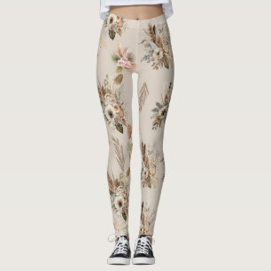 Boho Beige Floral Botanisch Pink Grüne Blume Leggings