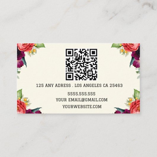Boho Beige Floral Calligraphy Script QR-Code Visitenkarte (Rückseite)