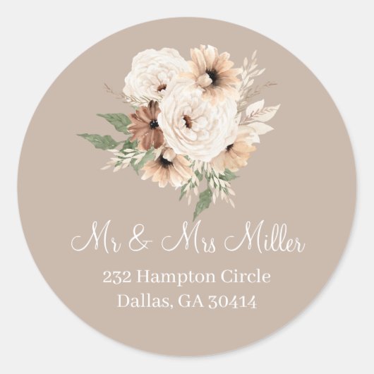 Boho Beige Floral Classic Round Sticker (Vorderseite)