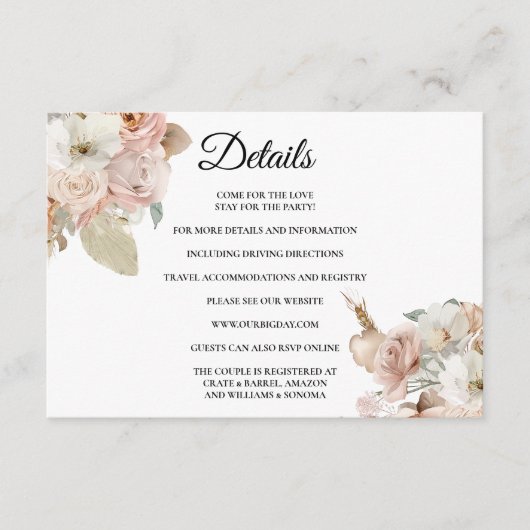 Boho beige Floral Enclosure Card Details Begleitkarte (Vorderseite)