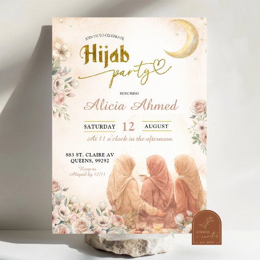 Boho Beige Floral Hijab Party Einladung