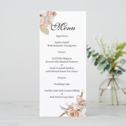Boho Beige floral Menu Menükarte (Stehend Vorderseite)