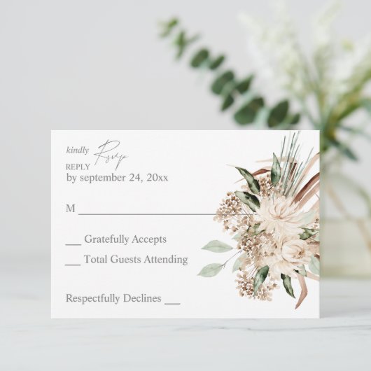 Boho Beige Floral no Meal RSVP Card (Stehend Vorderseite)