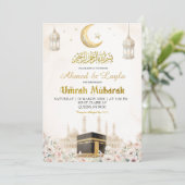 Boho Beige Floral Umrah Mubarak Einladung (Stehend Vorderseite)