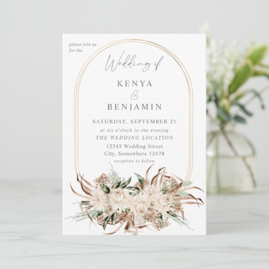Boho Beige Floral Wedding 3 Einladung (Stehend Vorderseite)